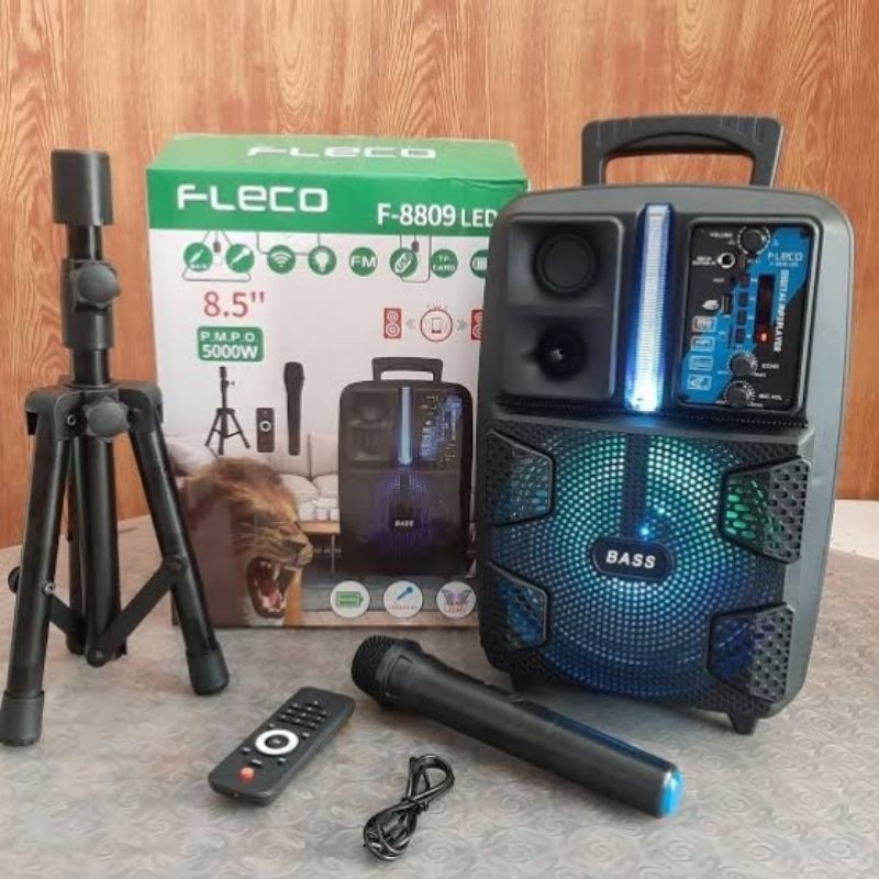 Speaker Bluetooth Free Mic Wireless + Stand Fleco 8809 LED Speker Portable Salon Aktif F-8809Led new