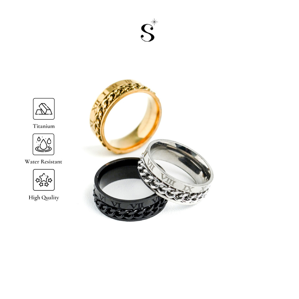 Cincin Titanium Steel Rantai Putar Ukir Angka Romawi untuk Pria Warna Hitam Emas