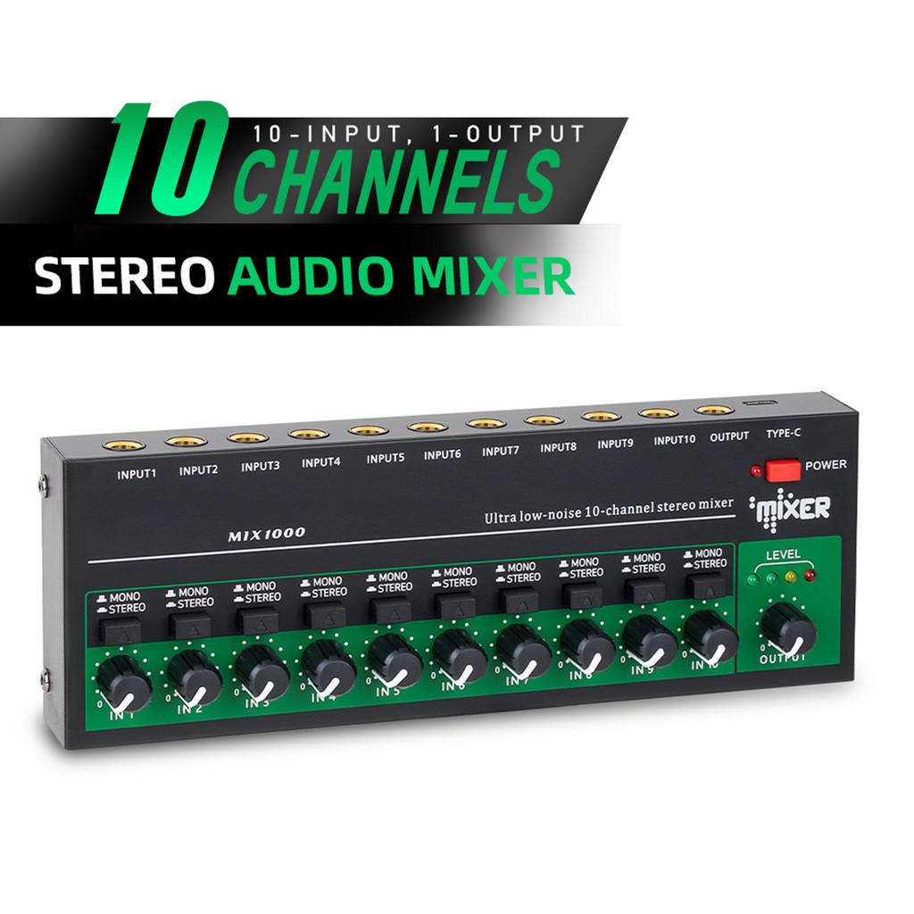 10-Channel Mixer Audio Mixer Stereo Mono Line Mixer 6.35mm TRS/TS Input Metal Shell Type-C Audio Pro