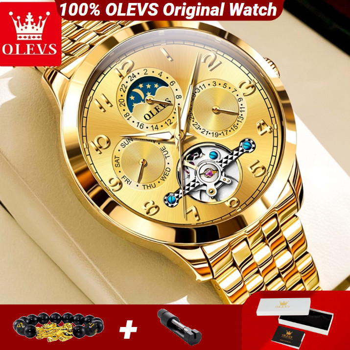 OLEVS 7018 Full Gold Watch for Men Multi-function Automatic Mechanical Watch for Man Original Brand
