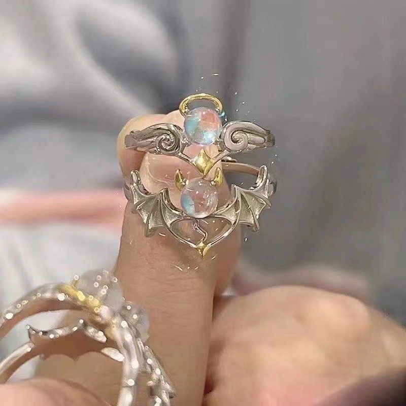 COD Cincin Pasangan Malaikat &amp Iblis Baru Modis Pembukaan Dapat Disesuaikan untuk Hadiah Pacar da