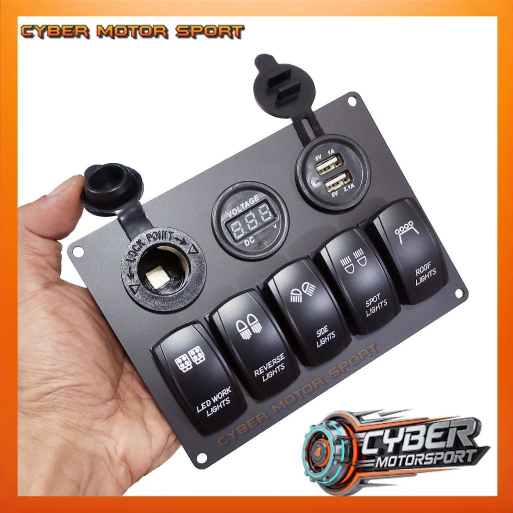 dashboard panel mobil instrument saklar 5 tombol usb charger volt meter dc socket 12 volt 24 volt. S
