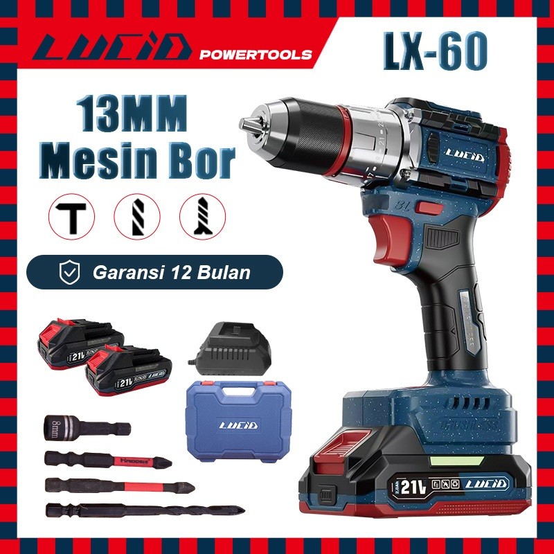 LUCID LX-60/LX-50 Brushless Mesin bor 13MM 2.0A 21V/18V Lithium Battery Bor Listrik Impact Multifunc
