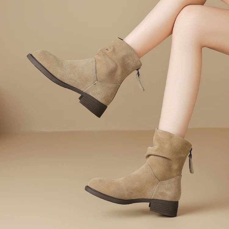 Short Boots Retro Slouch Boots Women's Autumn Winter Fleece-Lined Martin Boots