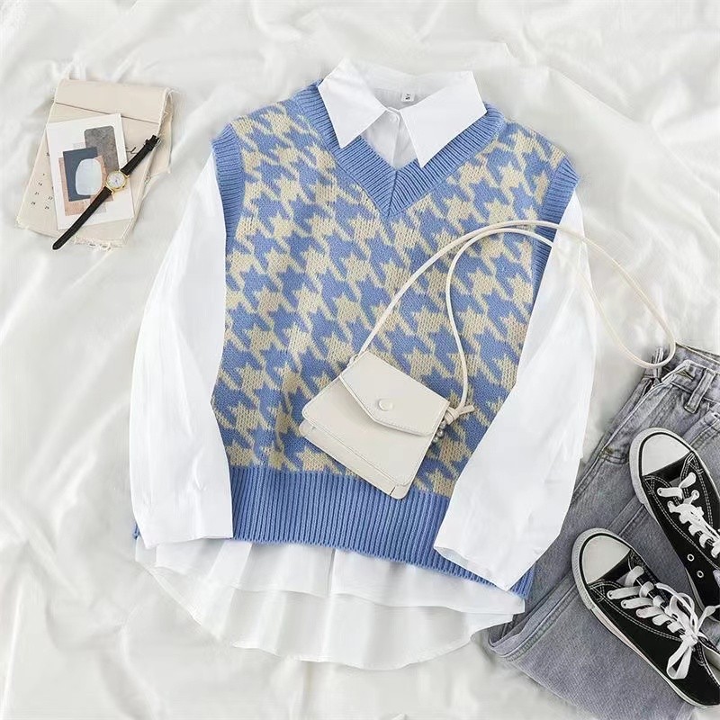 Gaya Korea Wanita rajutan tanpa lengan Houndstooth longgar V-neck rompi rajut longgar V-neck Sweater