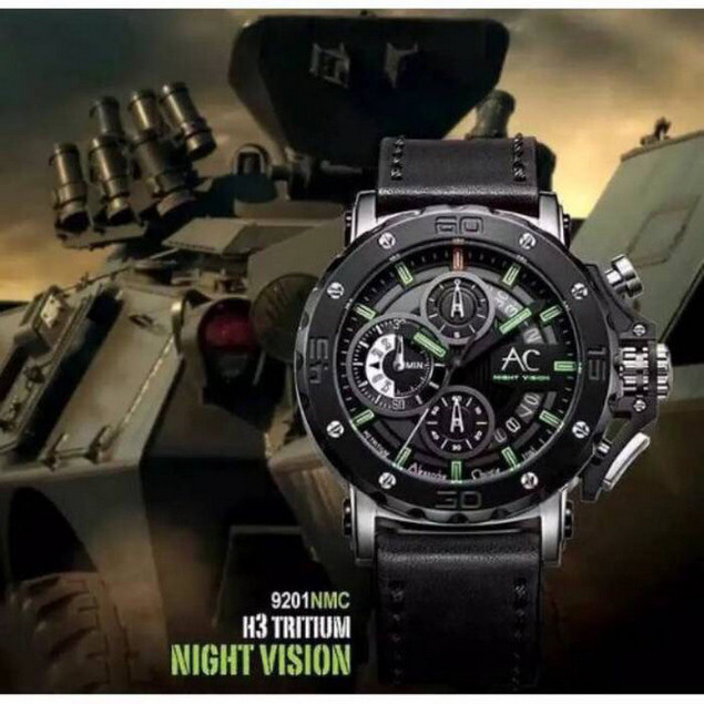 JAM TANGAN PRIA ALEXANDRE CHRISTIE AC 9201 COLLECTION NIGHT VISION SILVER BLACK LEATHER ORIGINAL