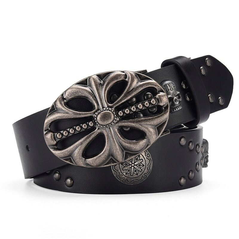 Men's Belt Bohemian Style Belt Vintage Inlaid Skeleton Head Women's Belt Riveted Belt Six Star Belt 