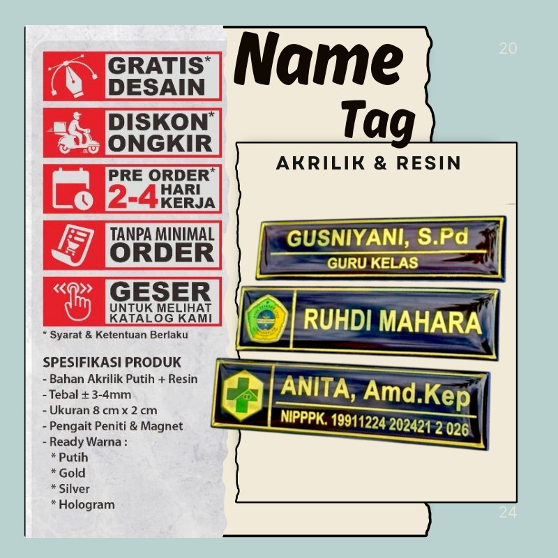 Name Tag Nama Dada Akrilik Magnet Peniti Gold Silver