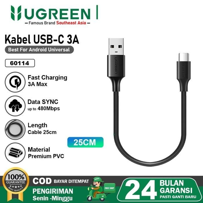 UGREEN Kabel Data PowerBank Pendek Type C, Micro USB 20cm 50cm Fast Charging - USB-C 25CM