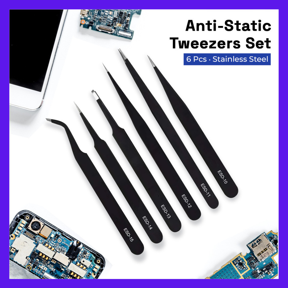 Piongpiaa - Pinset tweezer stenlis serbaguna isi 3/4/6 pcs /set 6pcs Pinset ESD Anti Static Tebal St