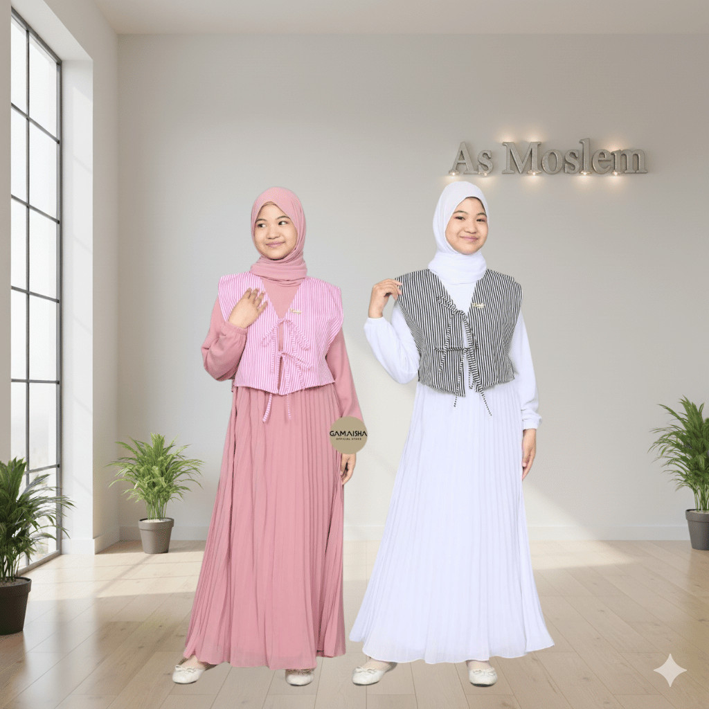 Gamis anak remaja tanggung perempuan korean style free vest katun salur