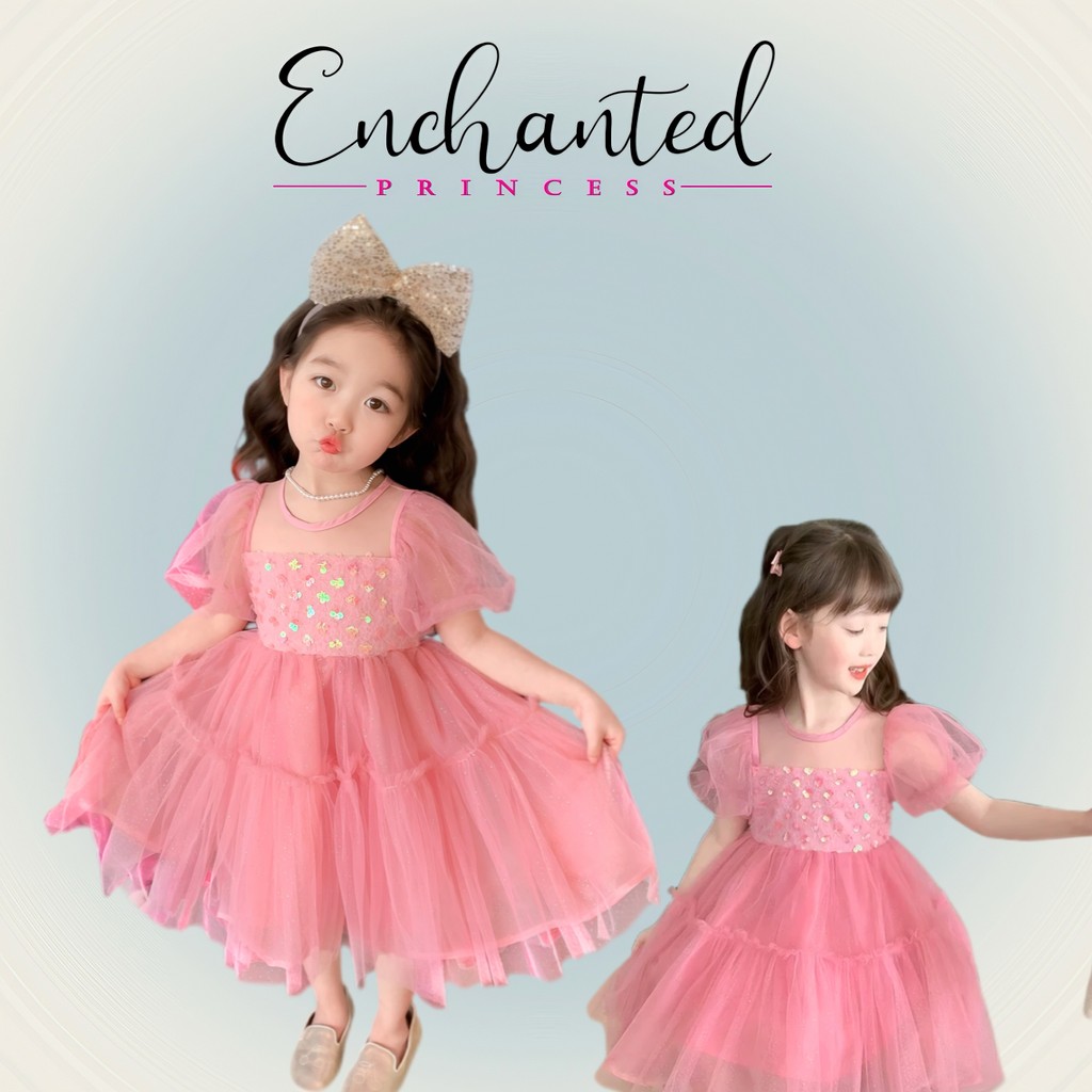 【ENCHANTED PRINCESS】Gaun Pesta Anak Perempuan Pink Cerah Payet Kristal Lengan Gelembung Tulle Rok La