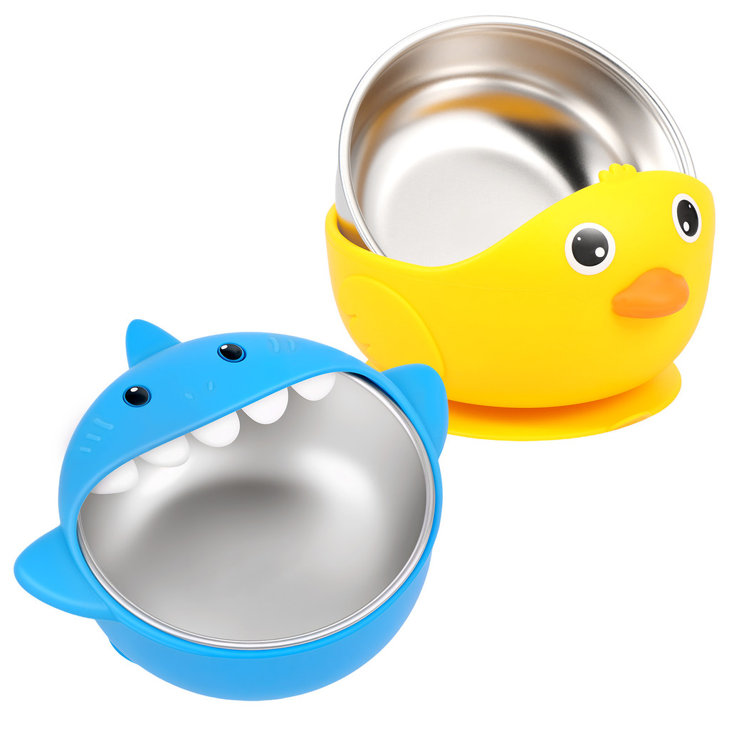 2 Pcs 304 Stainless Steel Baby Bowl with Suction and Silicone Sleeve Baby Bowls Cute Animal Design T