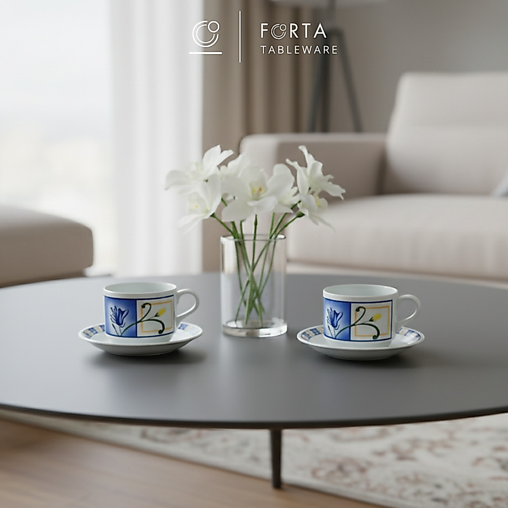 FORTA SET 6 PCS Cangkir Lepek Melamin Bunga Biru  / Cup & Saucer teh / Cangkir lepek melamin 6412