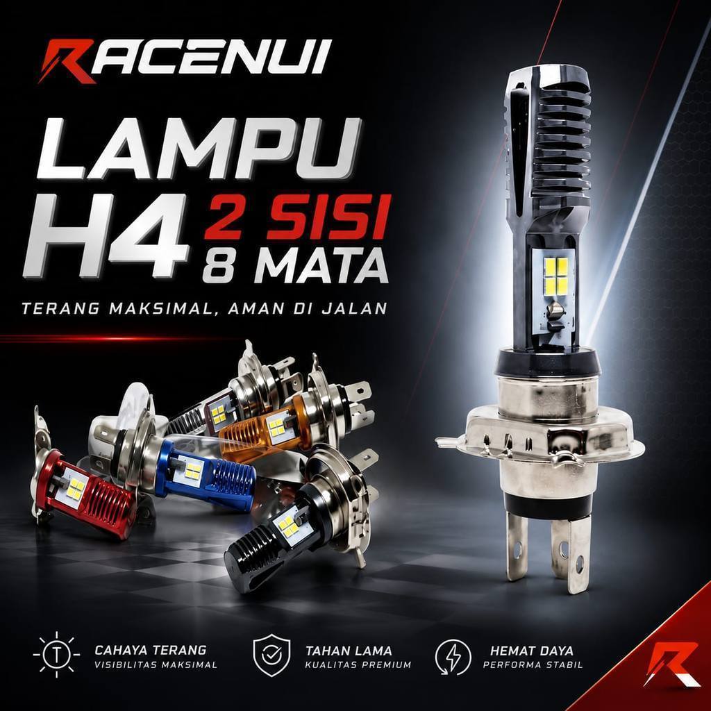 RACENUI LOW BEAM HIGH BEAM LAMPU DEPAN H4 2 SISI 8 MATA