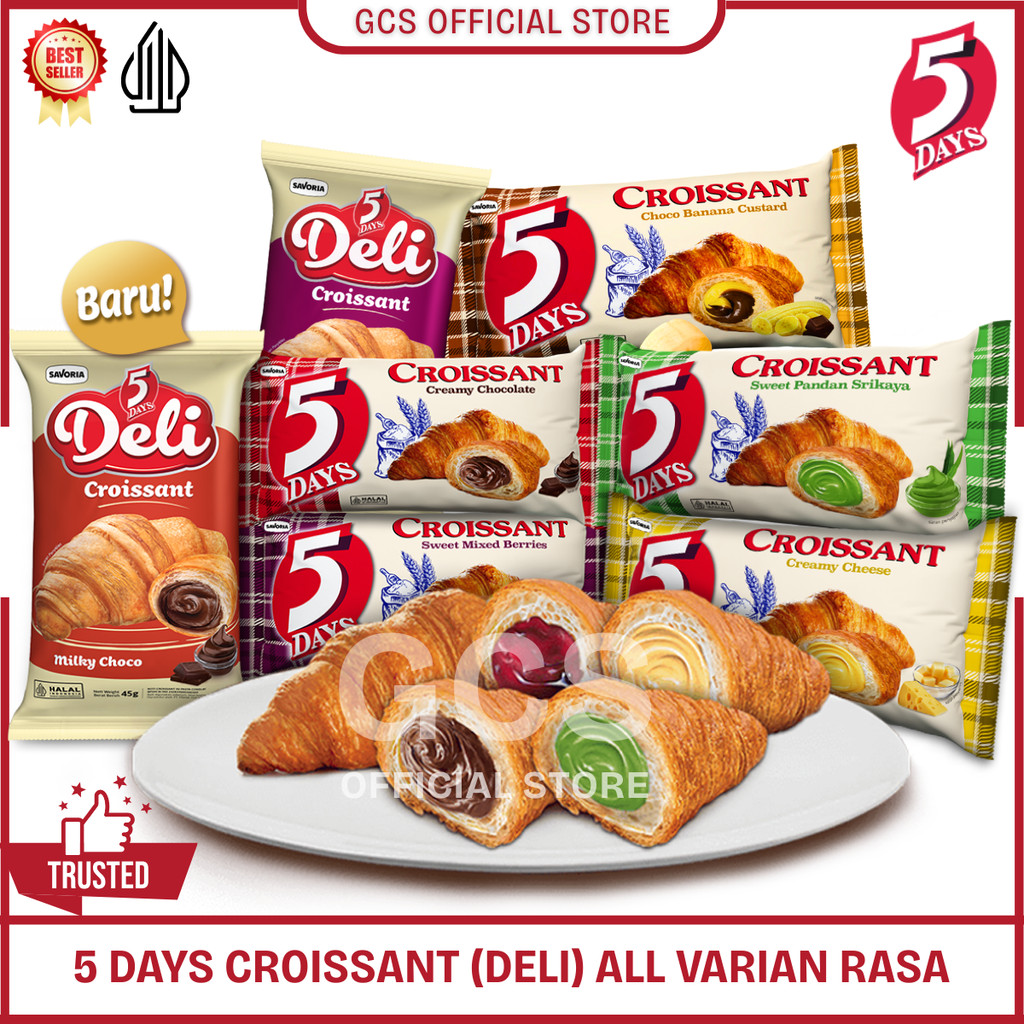 

5 DAYS DELI CROISSANT Kroisan Roti Puff Pastry Rasa Chocolate Cheese Pandan Srikaya Mix Berries 60g
