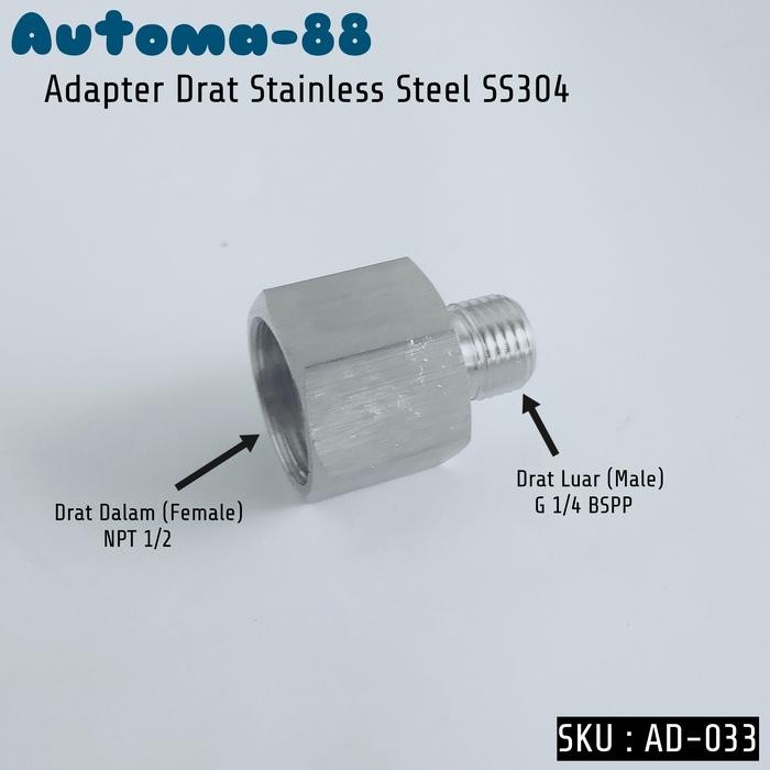LT68 - AD-033 Adapter Drat Dalam NPT 1/2 Female x Drat Luar G 1/4 Male BSPP Stainless Steel SS304
