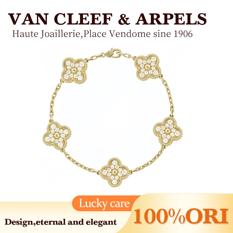 [100% Original]Van Cleef & Arpels Alhamdra Four Leaves Lucky Series Gelang /perhiasan wanita/Yellow 