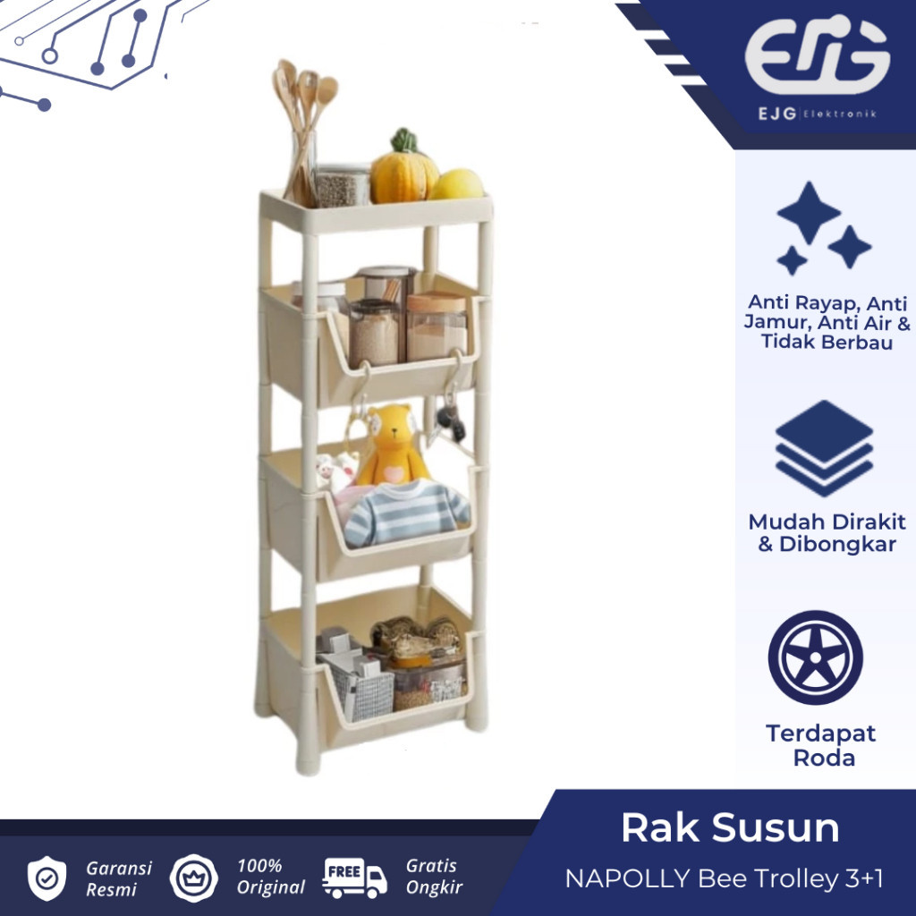Napolly Bee Trolley Keranjang Laundry Basket Dapur Pakaian Baju 3 Susun Toy Storage Rak Susun 4 Susu