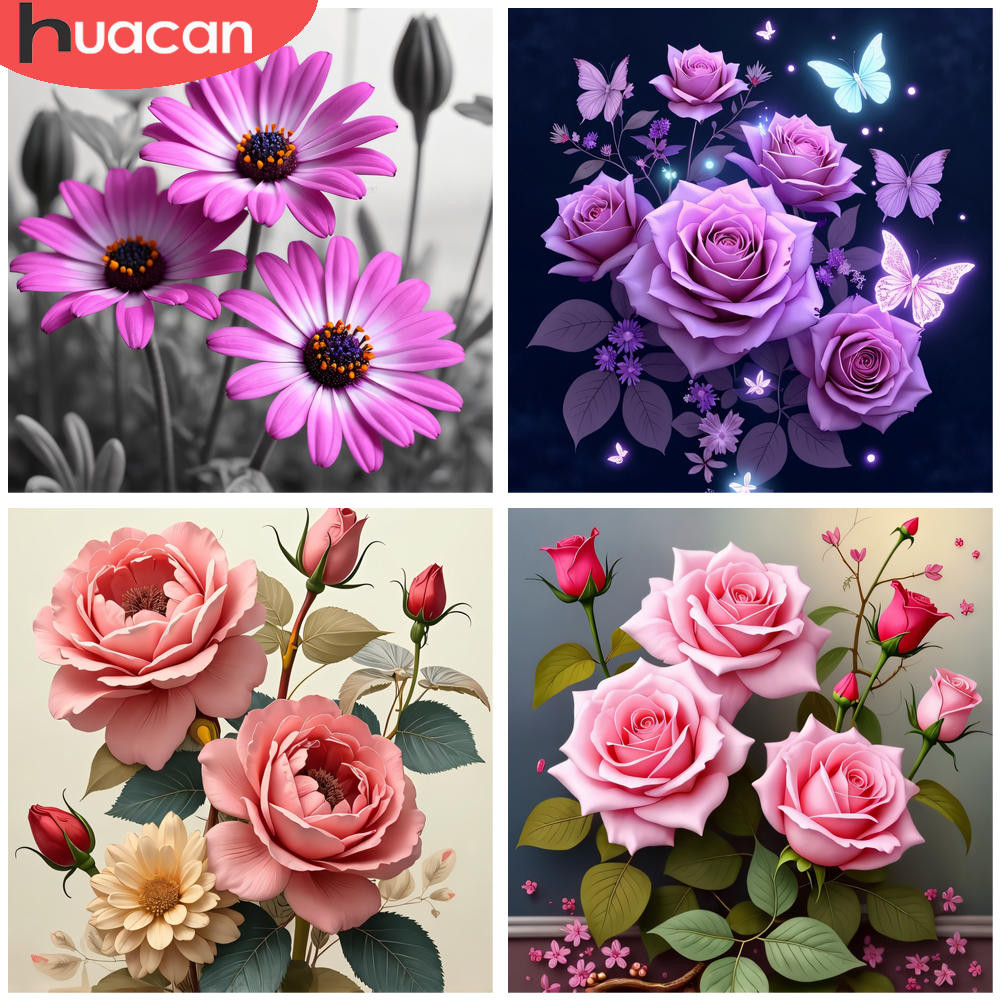 

HUACAN Full Square Round Drill Diamond Painting Art Magenta Floral Artwork Flower 5D Embroidery Kits Mosaic of Rhinestone