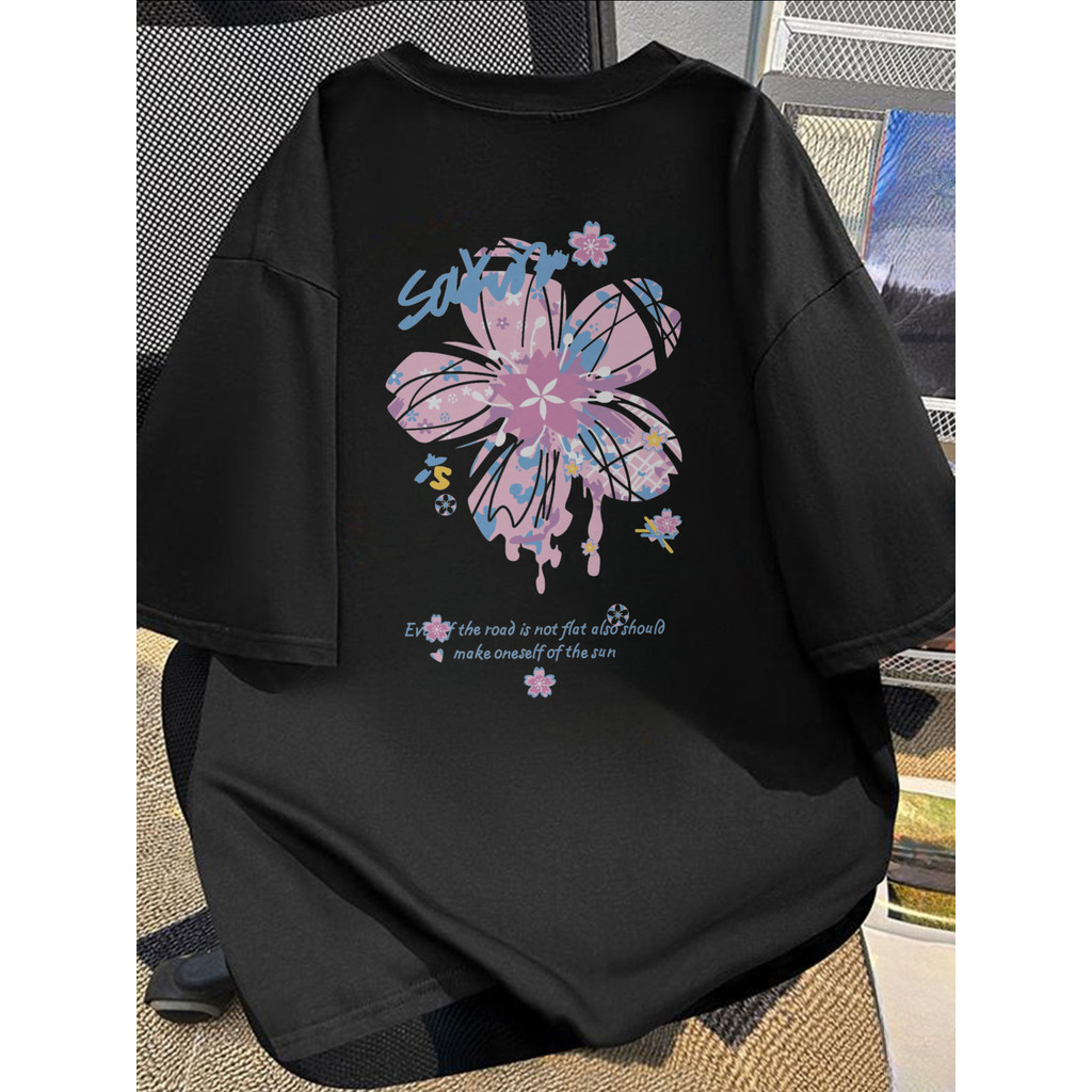 Kaos Katun Pria Cetak Sakura Cherry Blossom Dua Sisi - Kaos Musim Panas Lengan Pendek Putih dengan T