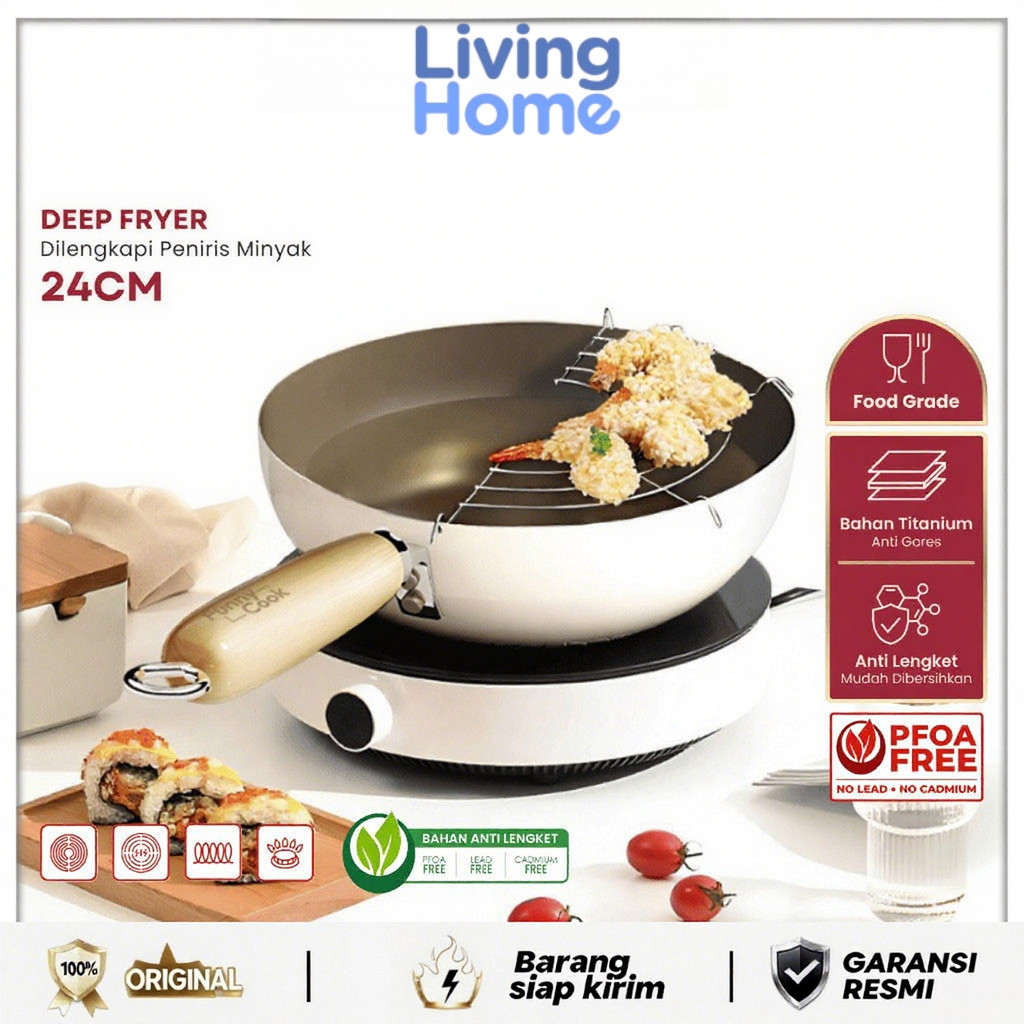Living Home–Wajan Penggorengan 24CM Marble Coating Anti Lengket + Tutup Kaca & Peniris Minyak