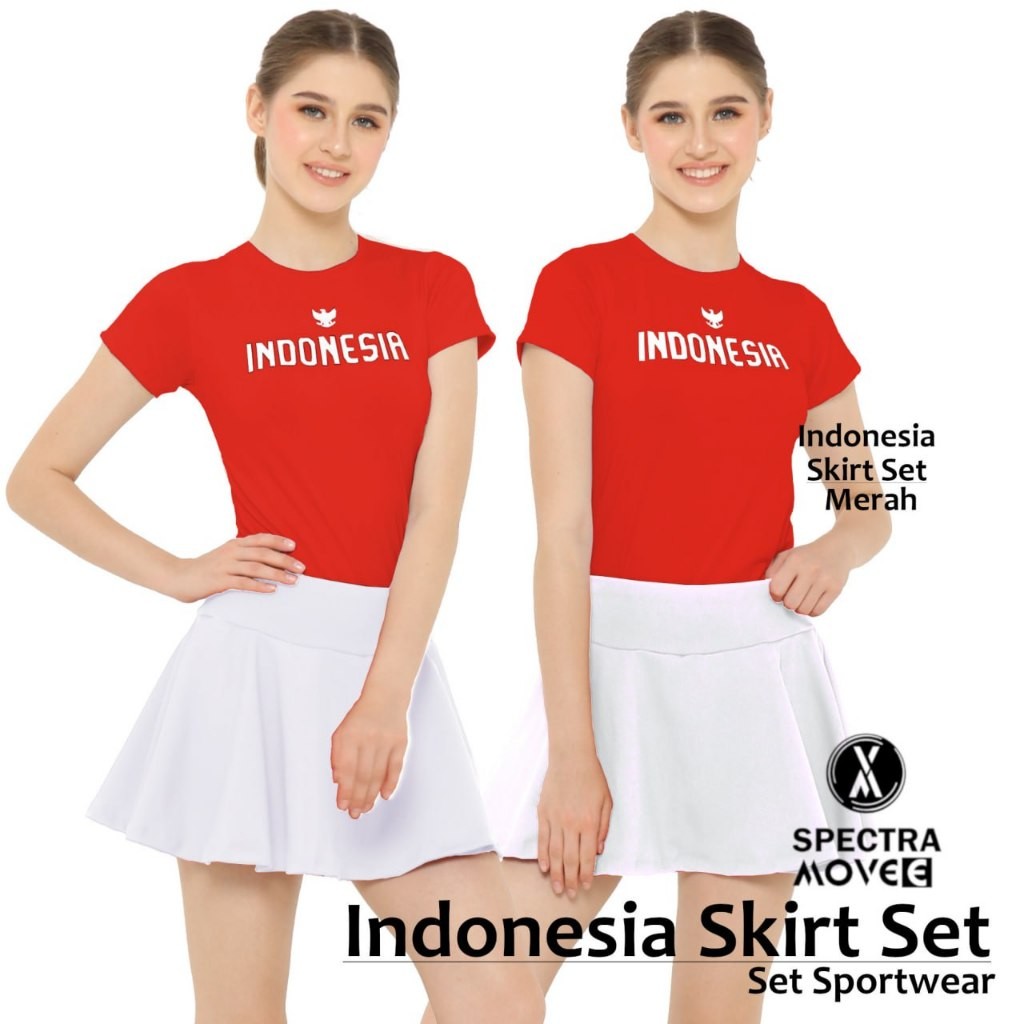 Setelan merah putih M-2XL INDONESIA SKIRT SET kostum agustusan kaos Indonesia rok senam baju zumba s