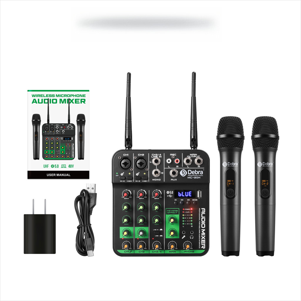 Debra 4 Channels Audio Mixer UHF Wireless Microphone Audio Interface Mixing Console Bluetooth Record