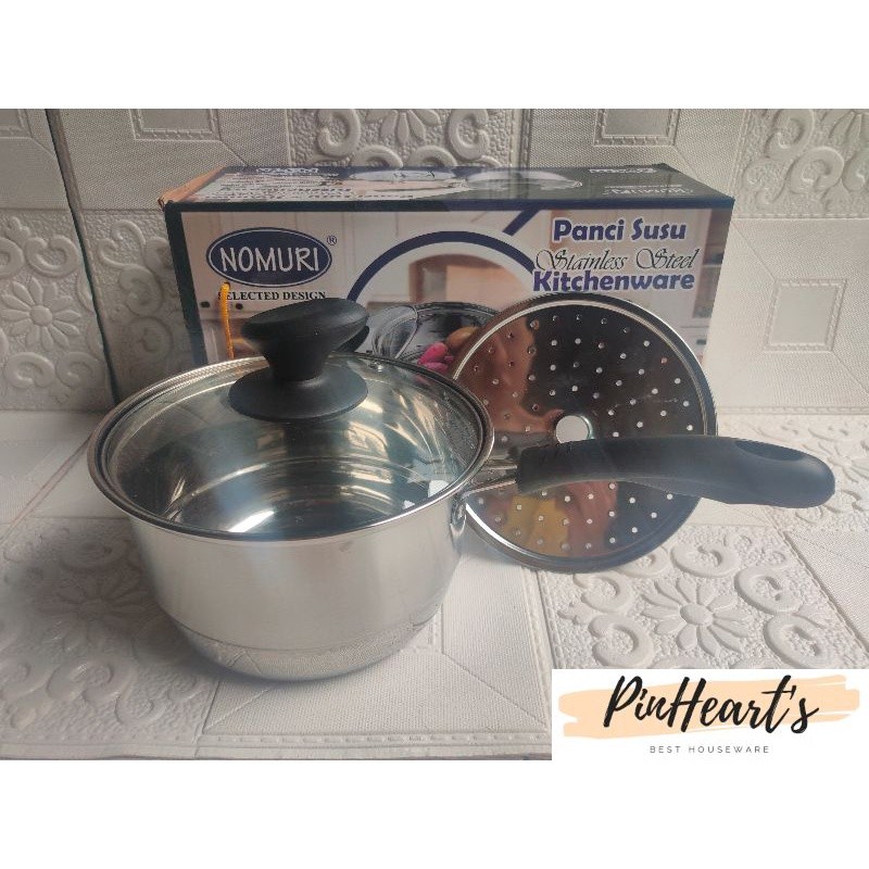 HSO - PANCI SUSU NOMURI STAINLESS DENGAN TUTUP KACA + STEAMER/KUKUSAN 20CM | PANCI SUSU | PANCI KUKU