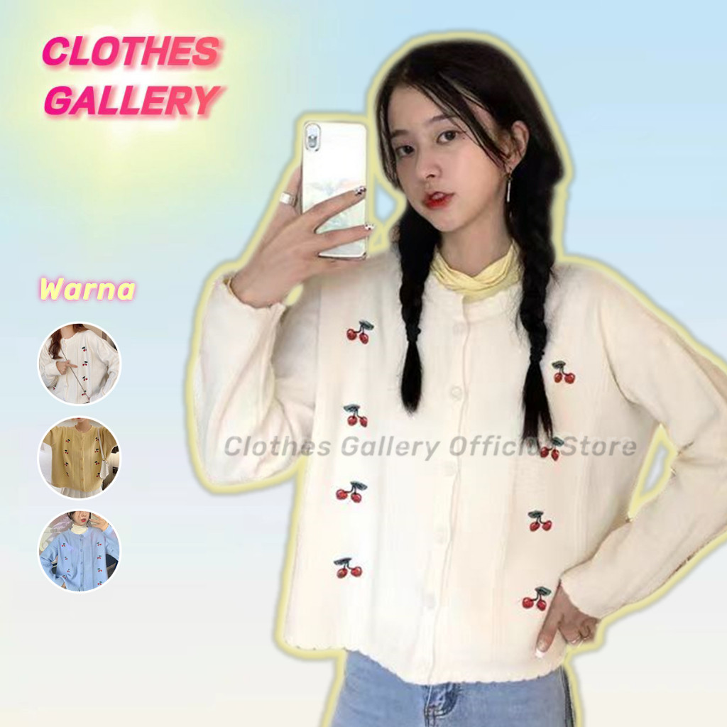 SAXCSHOP Clothesgallery- Cherry Knit Cardigan Luaran korea Rajut Import Busana Kasual Cherry Knit Ca