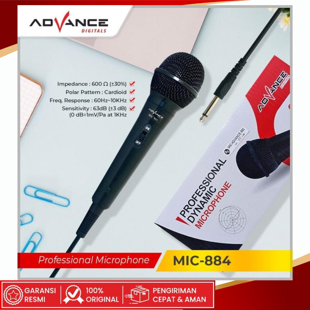 ADVANCE MIC 884 Jack 6.5 Profesional Mikrofon Karaoke Dynamic Kabel Jack Besar 6.5Mm / 3.5Mm