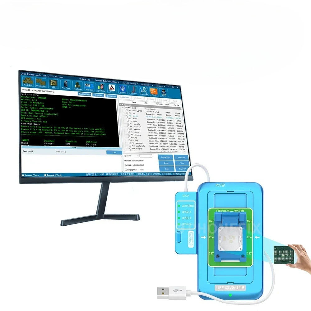 JC U15 UFS Programmer For BGA153 BGA254 BGA297 3In1 Read Write Socket UFS2.X 3.X 4.X NAND Chip Ident