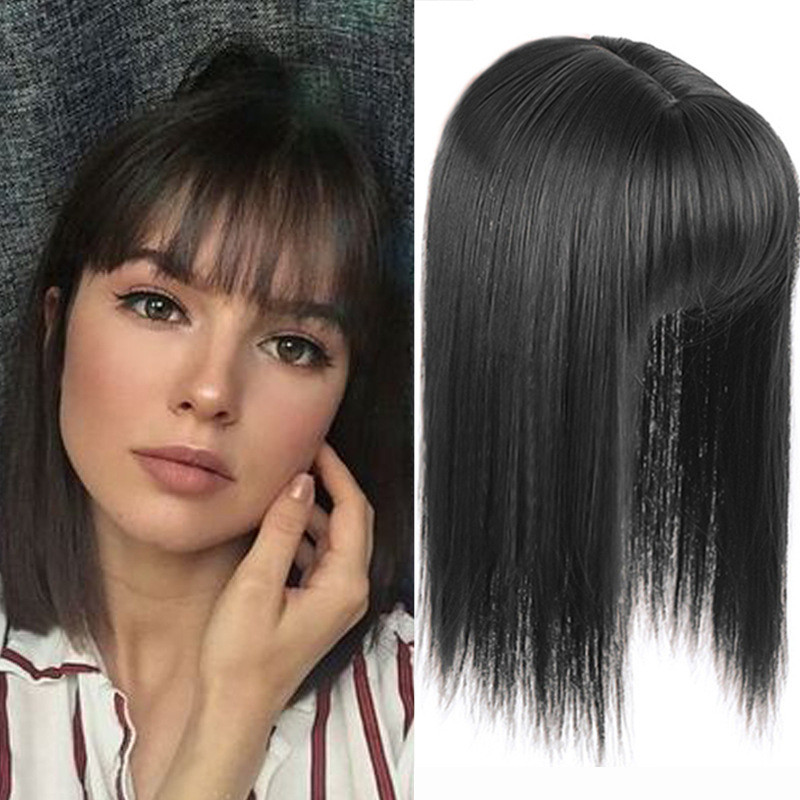 Rambut Palsu Lurus Pendek, Wig Wanita Poni Lurus, Set Rambut Abu-abu, Rambut Alami Hitam Coklat Tua,
