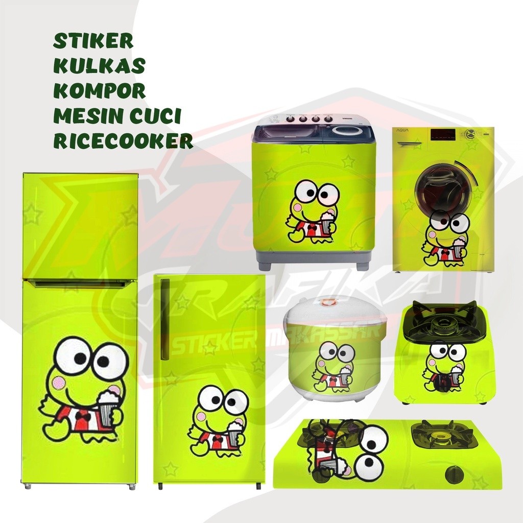 Dekorasi Multi Stiker kulkas 1 dan 2 pintu,kompor, magicom,mesin cuci Motif Keroppi kartu lucu Hijau
