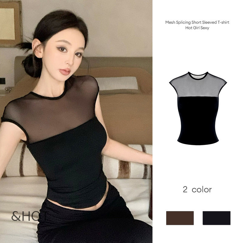HOT_Sambungan Jala  Lengan Pendek  Kaos  Cewek Seksi  Seksi  Pas Badan  Serbaguna  Atasan  Pendek