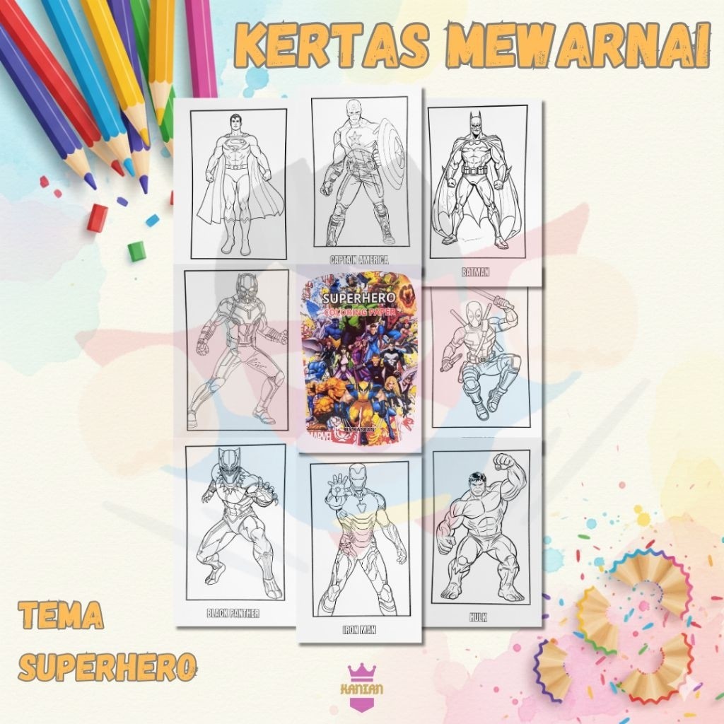 50 Lembar Kertas Mewarnai Anak Tema SUPERHERO