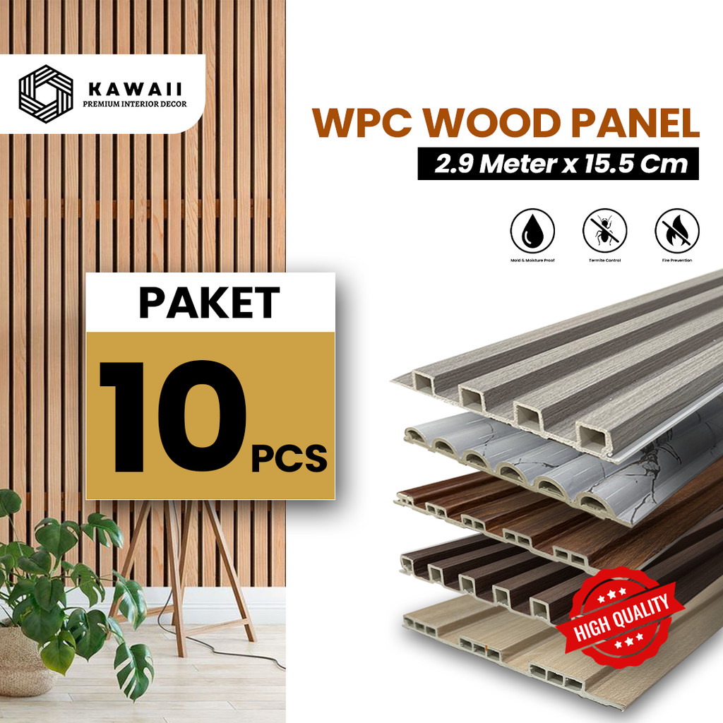 Wall Panel WPC Wood (PAKET 10PCS) Premium 2.9 meter x 15.5cm dekorasi dinding | Panel Kayu 3D READY 