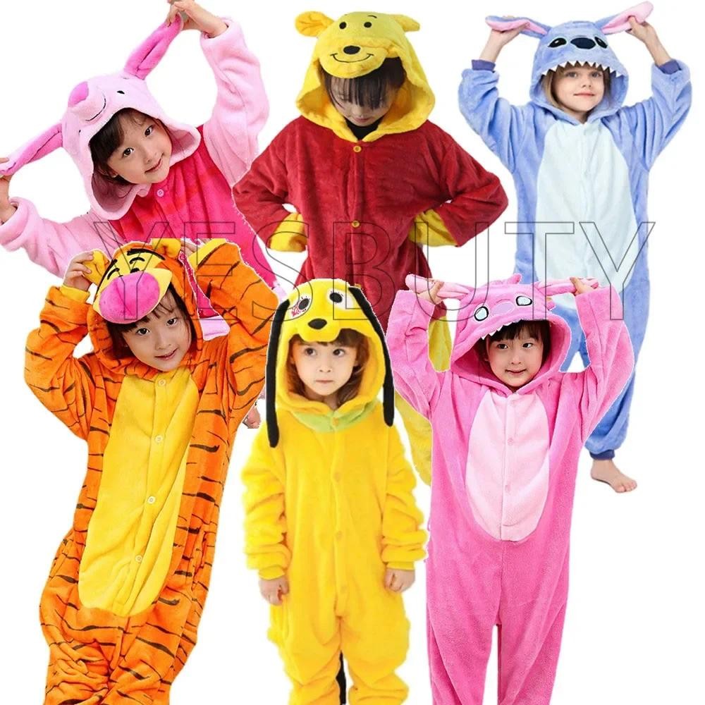 Kids Stitch Pluto Winnie Bear Onesies Kigurumi Animal Piglet Tiger Pajamas Hooded Flannel Jumpsuits 