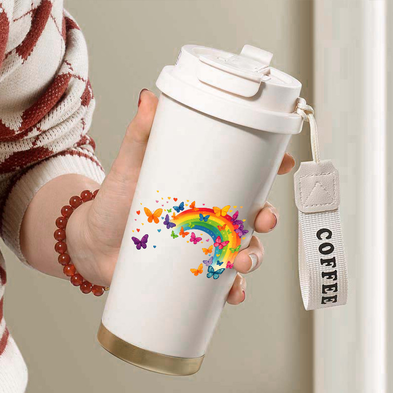 A rainbow with colorful butterflies pattern.  500ml dual-purpose cup for hot and cold drinks, portab