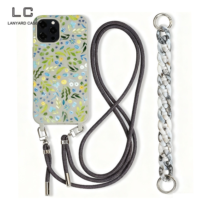 Case hp Dengan Rantai Tali for iPhone 16 15 14 13 12 11 Pro Max Motif Bunga Hijau Zamrud