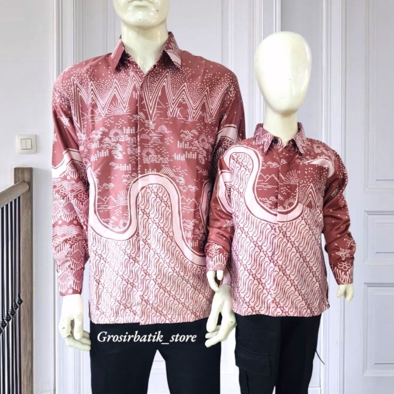 BAJU KEMEJA BATIK SILKY PAKAI FURING/BATIK COUPLE AYAH DAN ANAK PREMIUM WARNA PINK ROSE GOLD