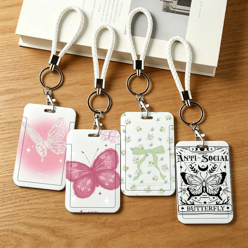 Dreamy Pink Framed Butterfly Card Protector, Aesthetic Sliding Case for Student, Metro & ID Cards