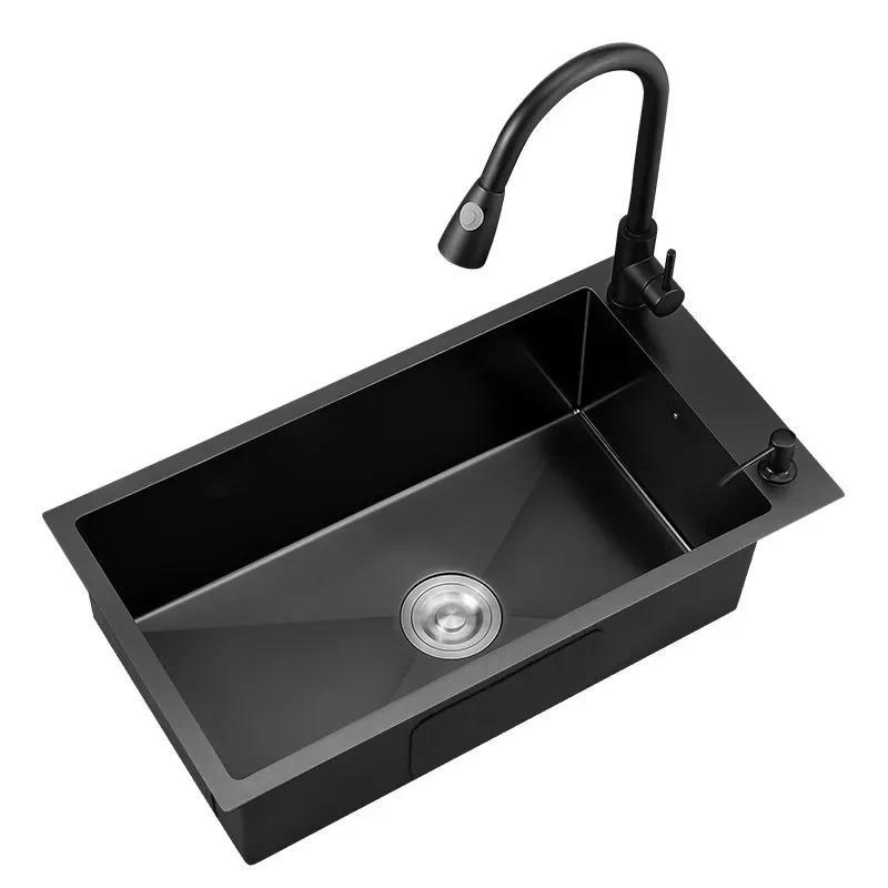 Black Narrow Rectangular Kitchen Sink 304 Stainless Steel Thicken Deepened Nano Coating Vegetable Wa