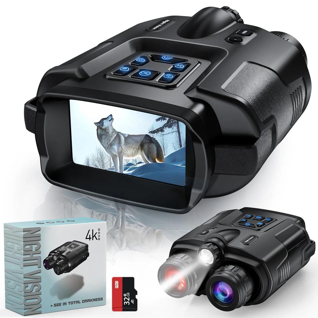 4K Night Vision Binoculars 32GB Infrared Night Vision Goggles 3” Large Screen 8X gital Zoom Tactical