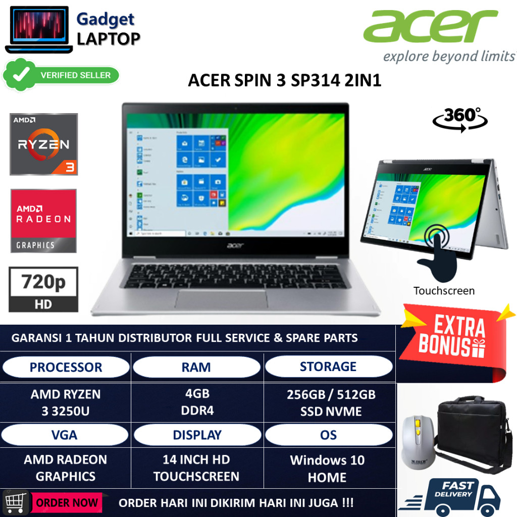Laptop 2in1 Acer Spin 3 SP314 Amd Ryzen 3 3250U 4GB 512GB 14 Inch Touchscreen Windows 10 Home