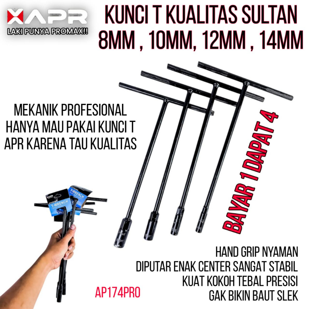 APR KUNCI SOCK T 8 10 12 14 MM SET 4PCS HITAM TYPE AP174PRO T SHOCK WRENCH kunci T sok lengkap