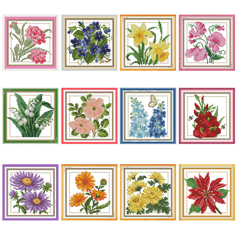 

Twelve months flower series DMC cross stitch kit 14ct11ct count print canvas cross stitch DIY handmade embroidery kit needlework