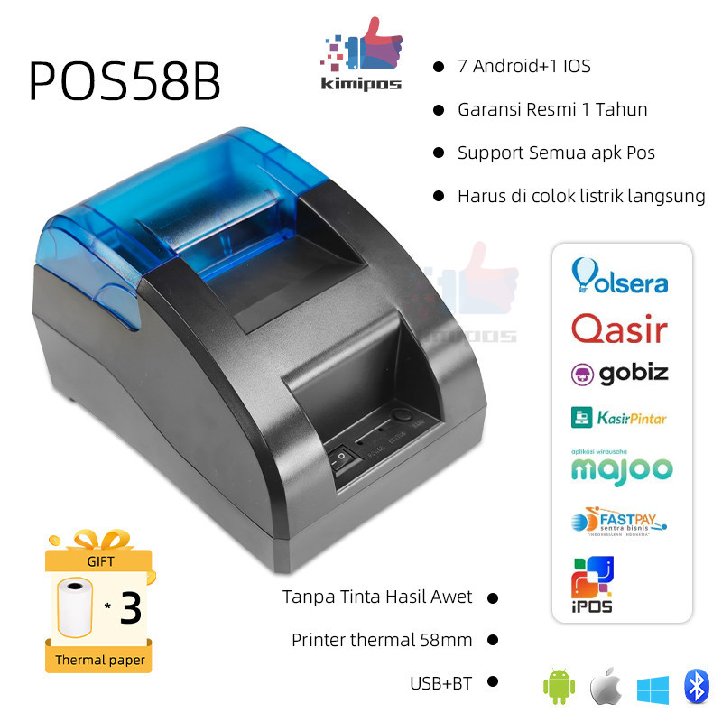 

PRINTER KASIR/PPOB THERMAL 58MM (USB+BLUETOOTH) GARANSI SUPPORT CASH DRAWER Printer Thermal 58mm 3*Roll Kertas