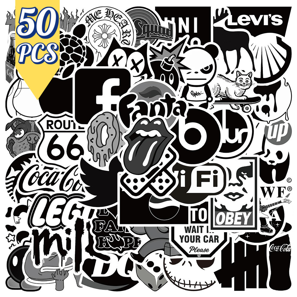 

Stiker Logo Brand 50 PCS | Stiker Hitam Putih Aesthetic Waterproof untuk Laptop, HP, Motor, Botol