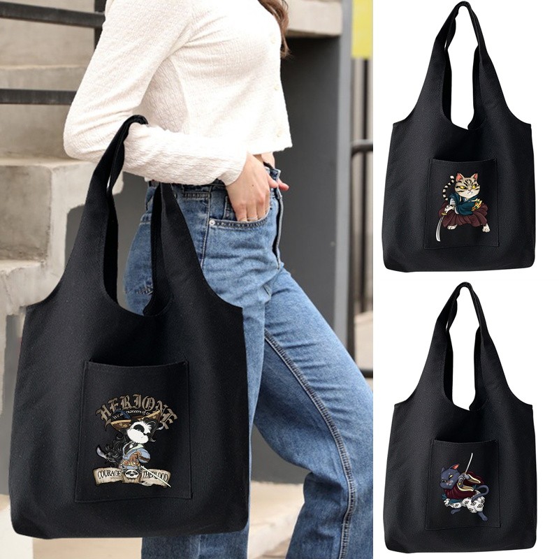 Tas Selempang / Bahu Wanita /Black Shopping Shoulder Bags Ladies Beach shopping beg Commuter recycle